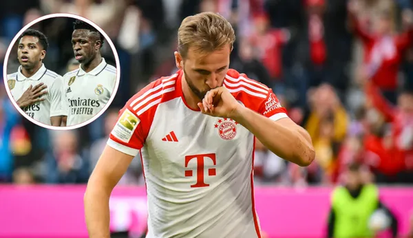 Vini Jr e Rodrygo no Real Madrid e Harry Kane comemorando pelo Bayern de Munique