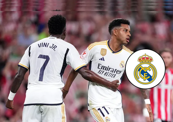 Vini Jr., Rodrygo e o escudo do Real Madrid ao lado