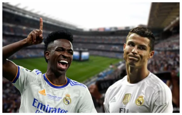 Vinicius Júnior com a camisa do Real Madrid e Cristiano Ronaldo com a camisa do Real Madrid