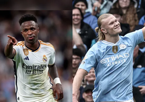 Vinícius Júnior jogando pelo Real Madrid e ao lado Haaland jogando pelo Manchester City