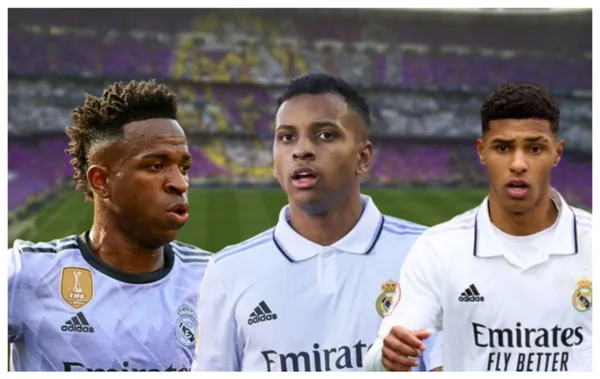Vinicius Júnior, Rodrygo e Vinicius Tobias com a camisa do Real Madrid