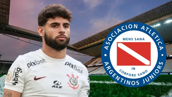 Yuri Alberto do Corinthians na Neo Química Arena e escudo do Argentinos Juniors.
