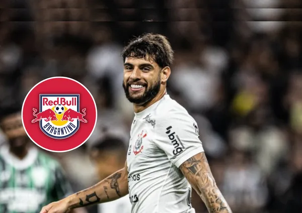 Yuri Alberto e o escudo do RB Bragantino ao lado