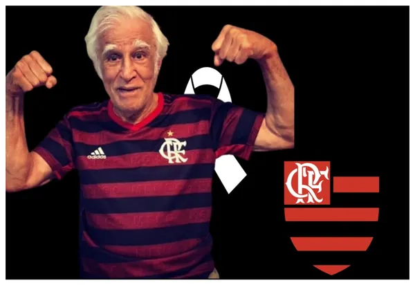 Ziraldo com a camisa do Flamengo e o escudo do Flamengo