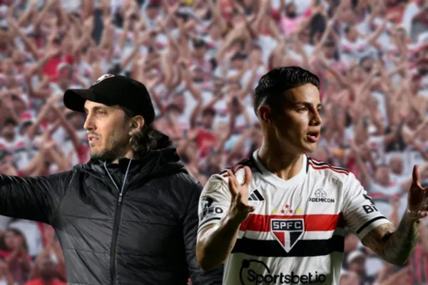Zubeldia sério e James Rodríguez com a camisa do São Paulo