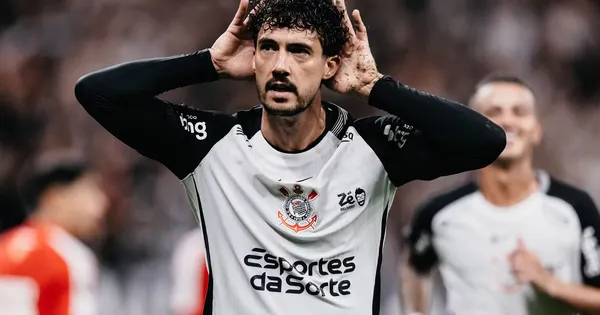 Gustavo Henrique jogador do Corinthians comemora seu gol durante partida contra o Santa Fe no estádio Arena Corinthians pelo campeonato Copa Libertadores 2026. Foto: Guilherme Veiga/RP FOTOPRESS/AGIF