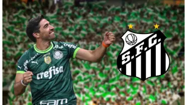 Abel Ferreira com a camisa do Palmeiras e o escudo do Santos