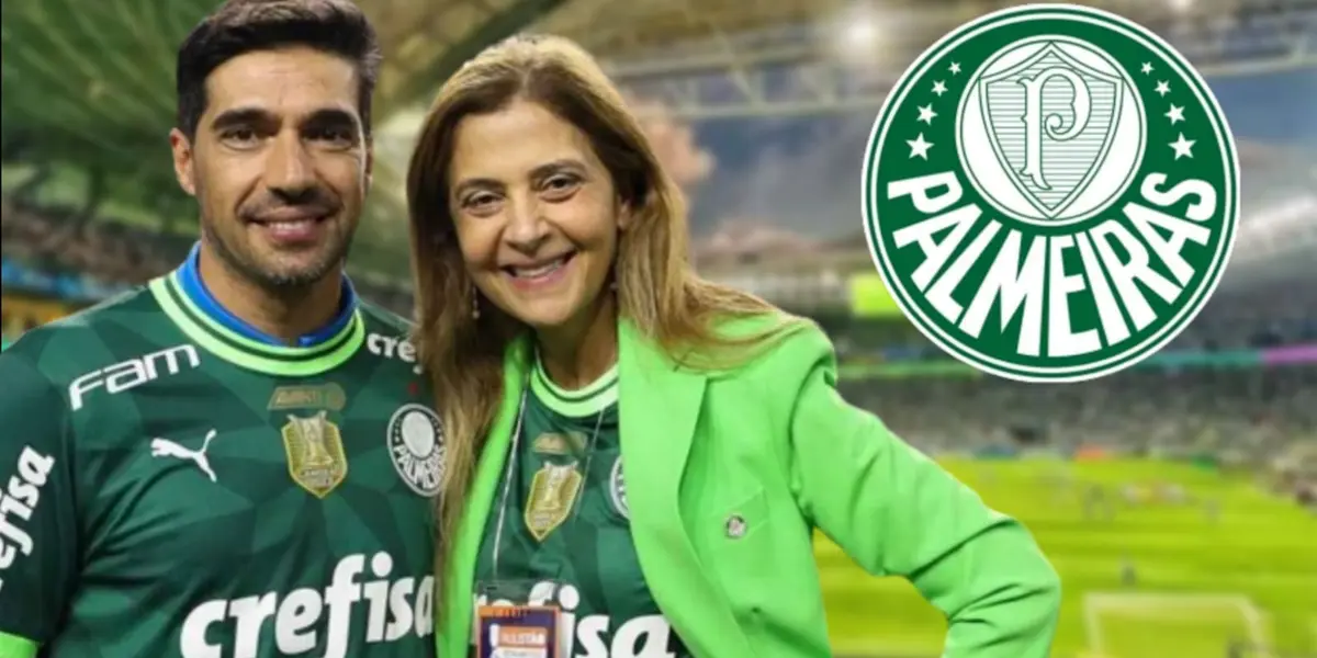 Abel Ferreira e Leila Pereira felizes e do lado o escudo do Palmeiras