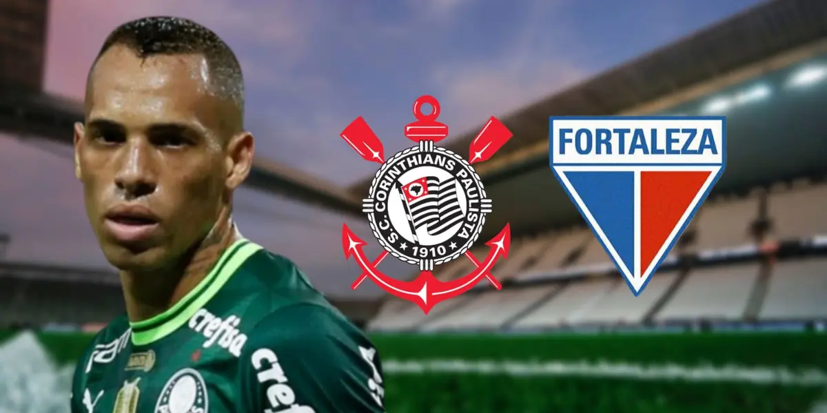 Breno Lopes triste com a camisa do Palmeiras e os escudos do Corinthians e Fortaleza