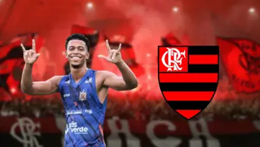 Carlinhos com a camisa do Nova Iguaçu e o escudo do Flamengo