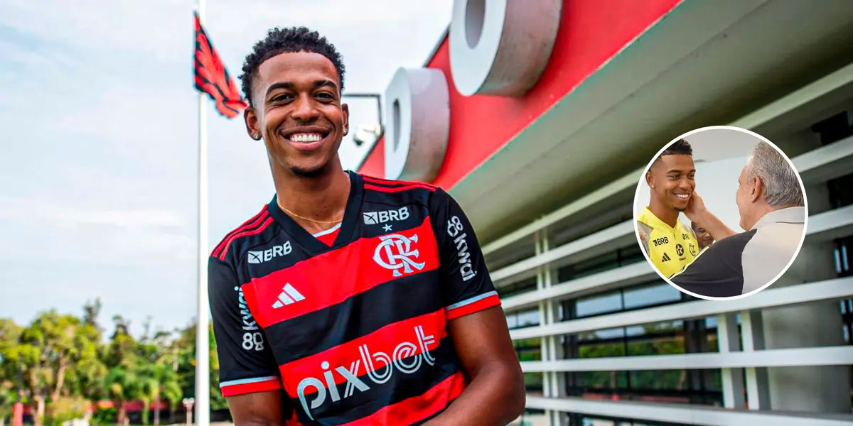 Carlinhos posa com a camisa do Flamengo em seu primeiro dia no CT do clube