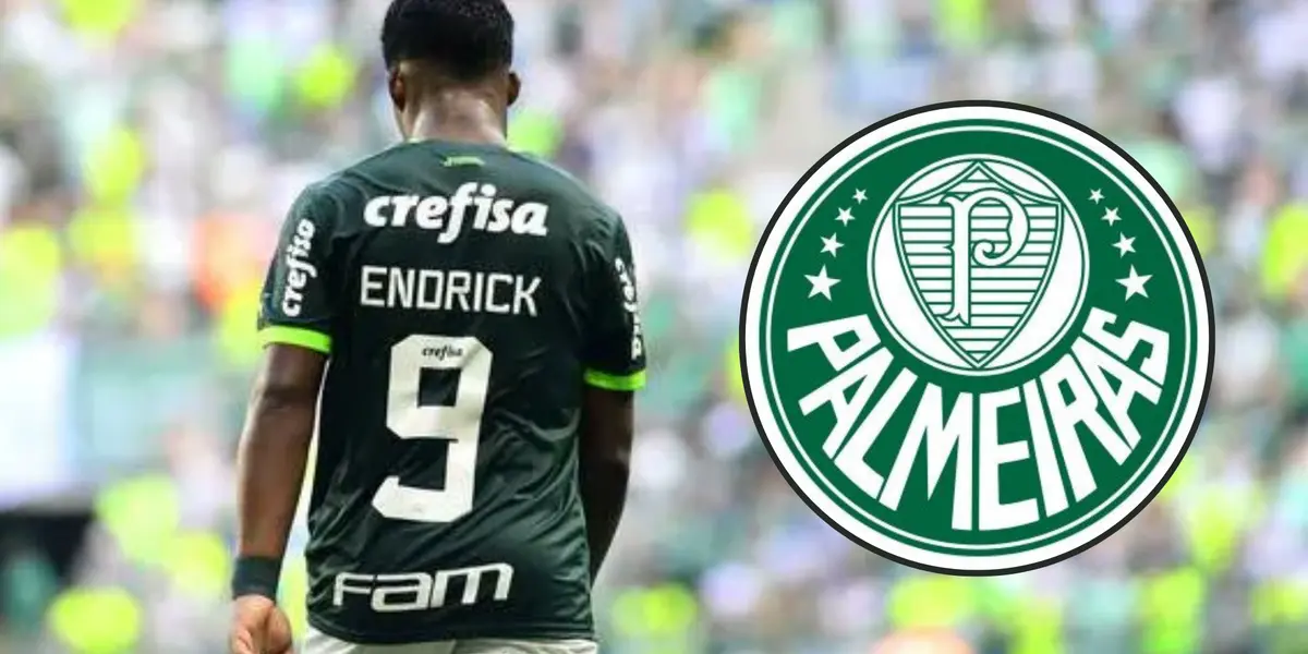 Endrick e ao lado o escudo do Palmeiras
