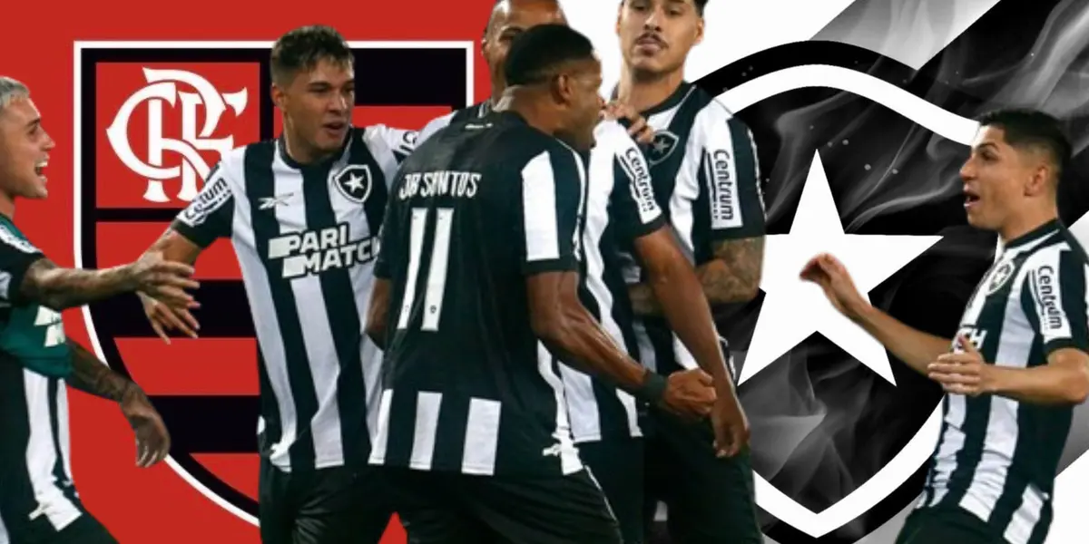 Equipe do Botafogo, o escudo do Flamengo e do Botafogo atrás
