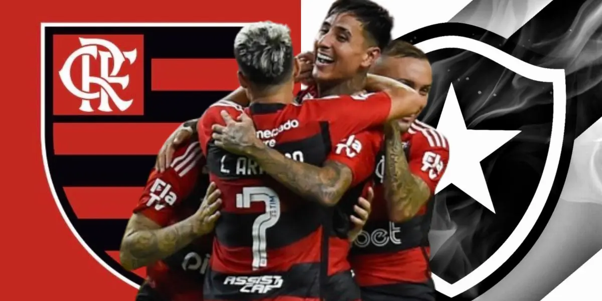 Equipe do Flamengo comemorando, atrás o escudo do Flamengo e do Botafogo
