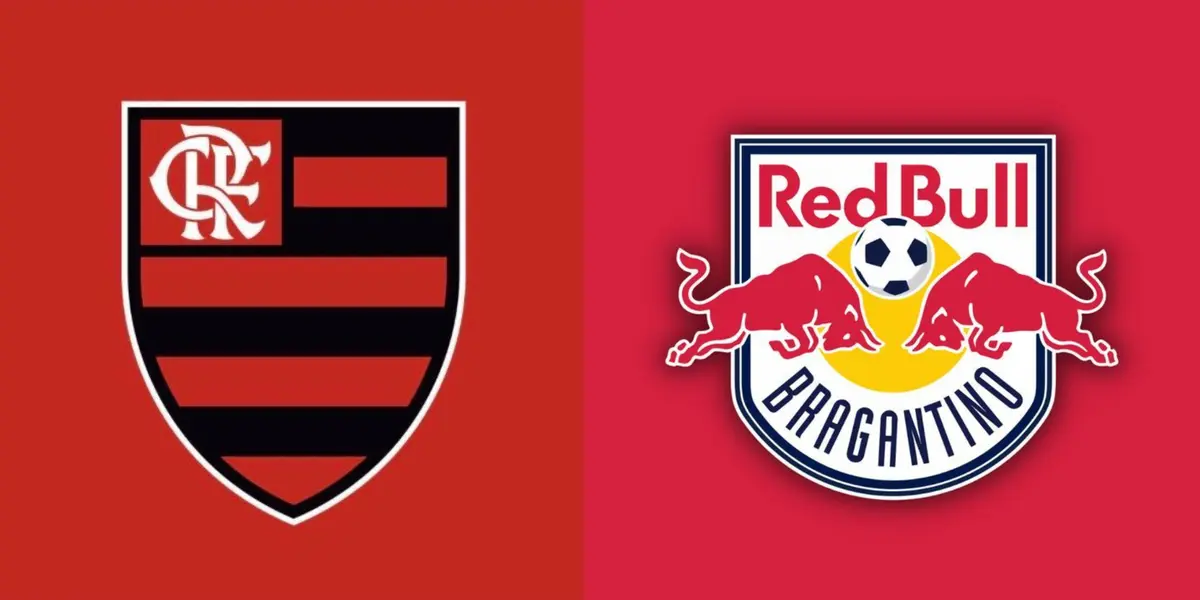 Escudo do Flamengo e ao lado o escudo do Red Bull Bragantino 