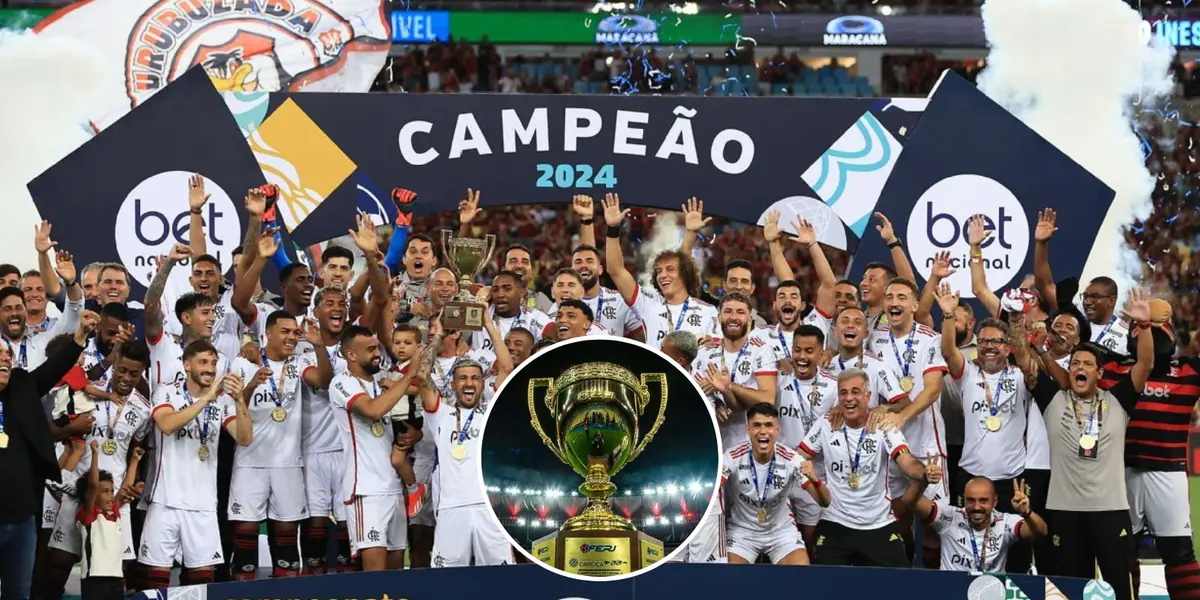 Jogadores do Flamengo levantam o troféu do Campeonato Carioca
