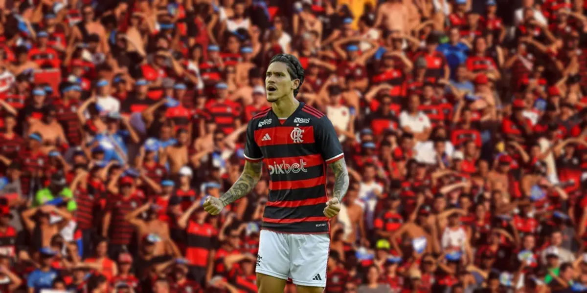 Pedro comemora gol pelo Flamengo com torcida do Flamengo ao fundo