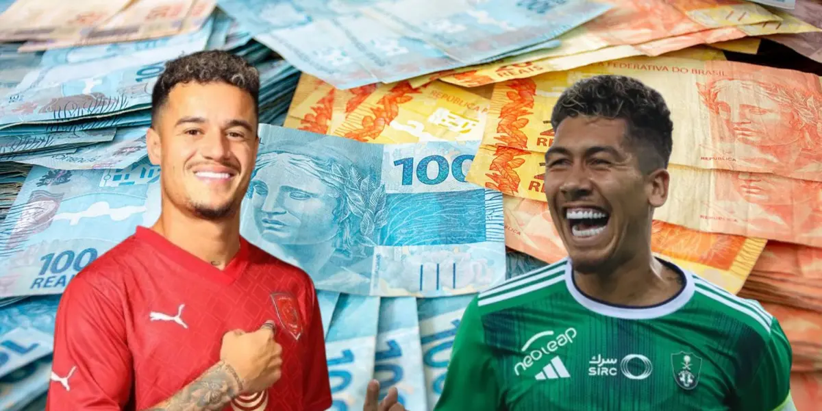 Philippe Coutinho e Roberto Firmino com fundo de dinheiro.