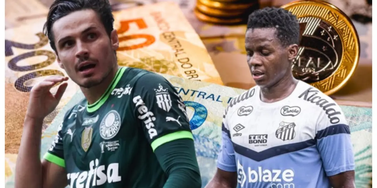 Raphael Veiga com a camisa do Palmeiras e Cazares com a camisa do Santos