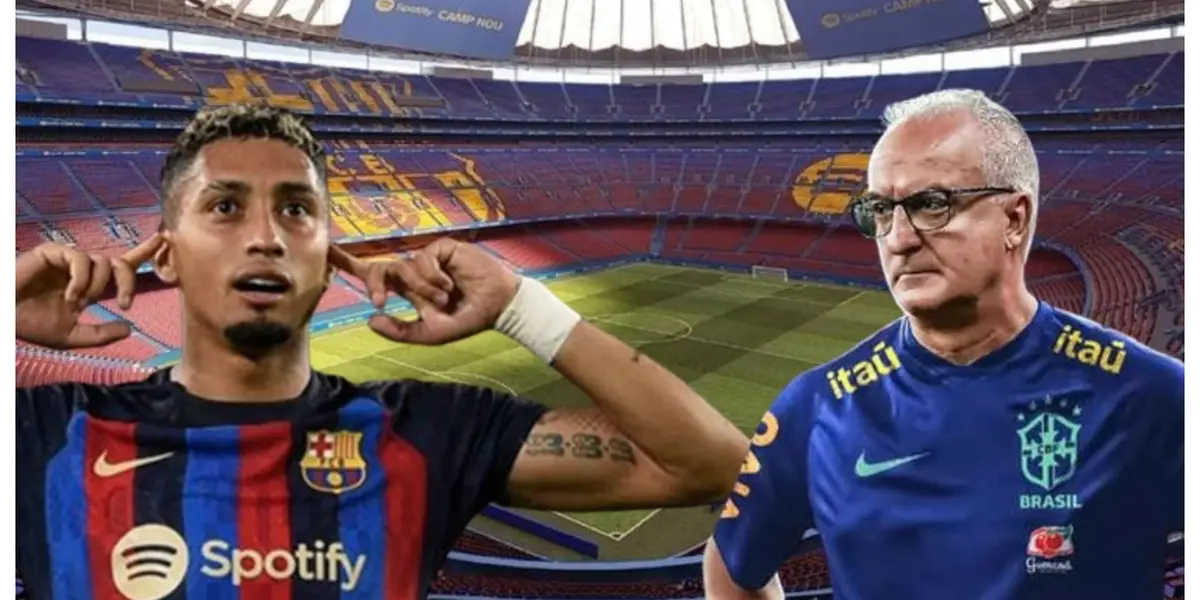 Raphinha com a camisa do Barcelona e Dorival com a camisa da Seleção Brasileira