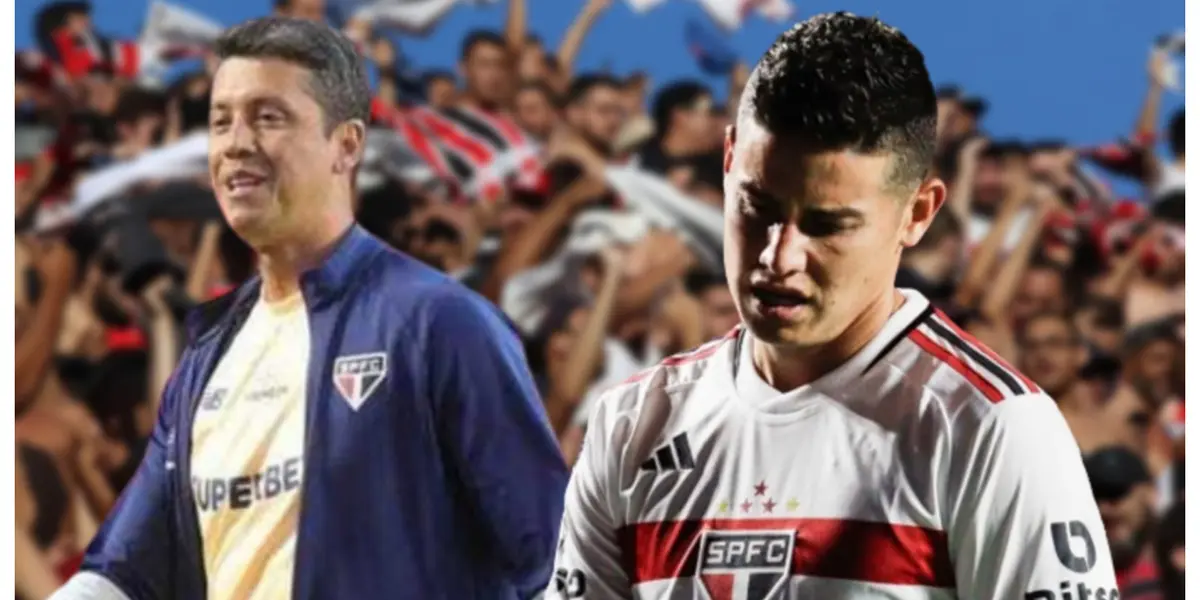 Thiago Carpini com a camisa do São Paulo e James Rodríguez com a camisa do São Paulo
