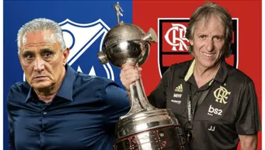 Tite com uma blusa azul e Jorge Jesus com a camisa do Flamengo segurando a taça da Libertadores