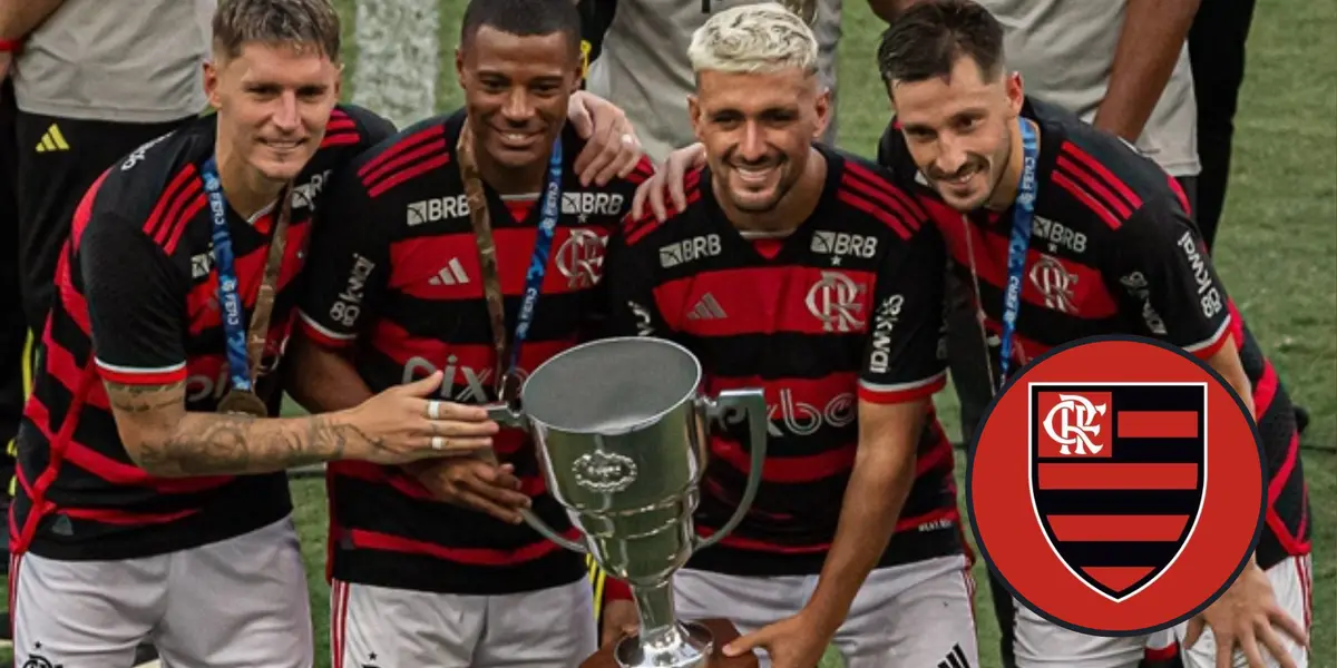 Varella, De La Cruz, Arrascaeta e Matías Viña, ao lado o escudo do Flamengo 