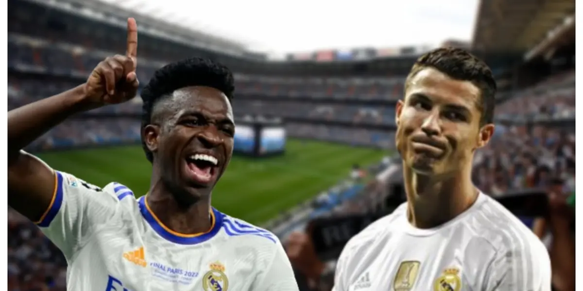Vinicius Júnior com a camisa do Real Madrid e Cristiano Ronaldo com a camisa do Real Madrid