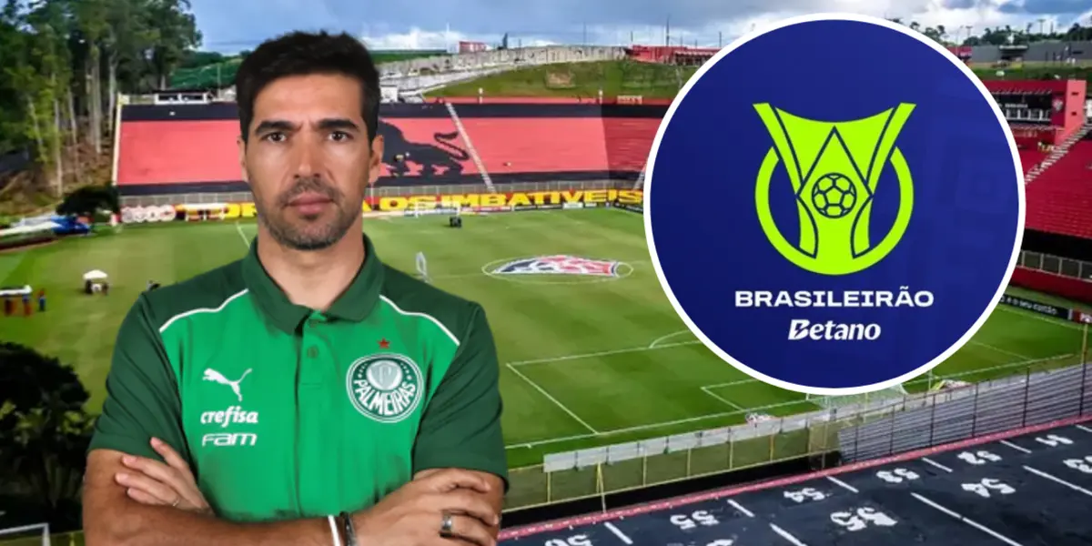 Abel Ferreira com a camisa do Palmeiras ao lado do logo oficial do Brasileirão