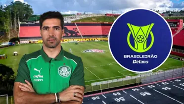 Abel Ferreira com a camisa do Palmeiras ao lado do logo oficial do Brasileirão