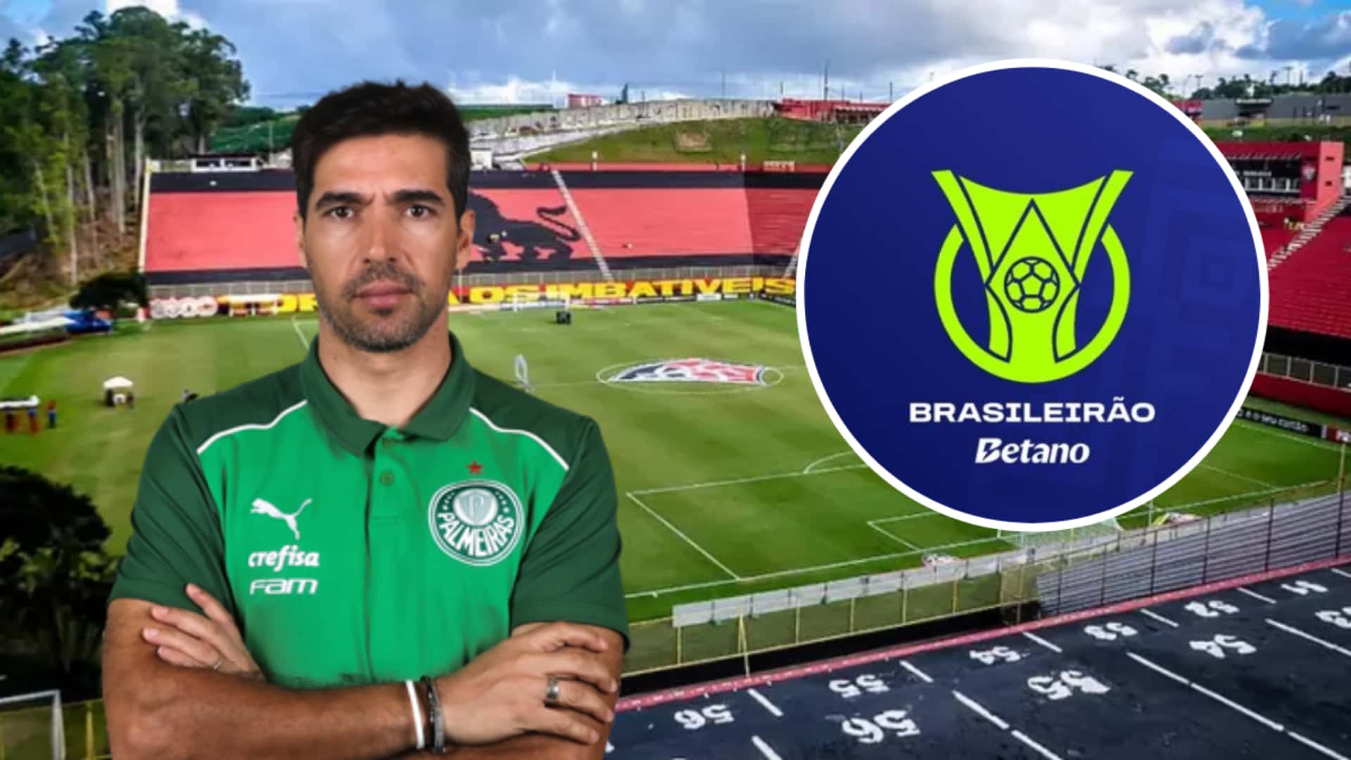 Abel Ferreira com a camisa do Palmeiras ao lado do logo oficial do Brasileirão