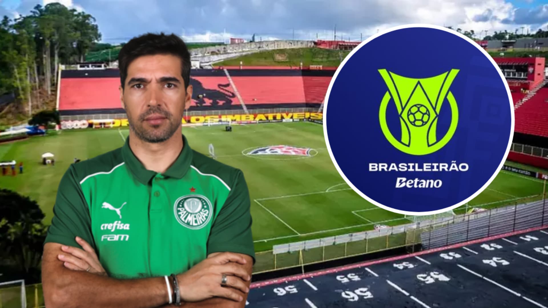 Abel Ferreira com a camisa do Palmeiras ao lado do logo oficial do Brasileirão
