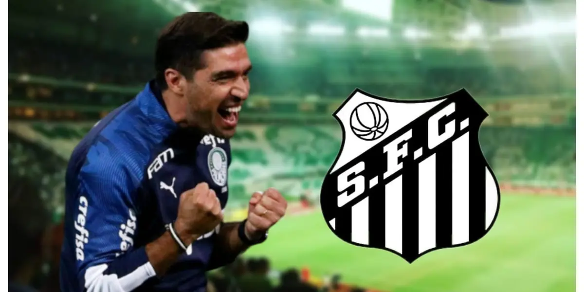 Abel Ferreira com a camisa do Palmeiras e escudo do Santos