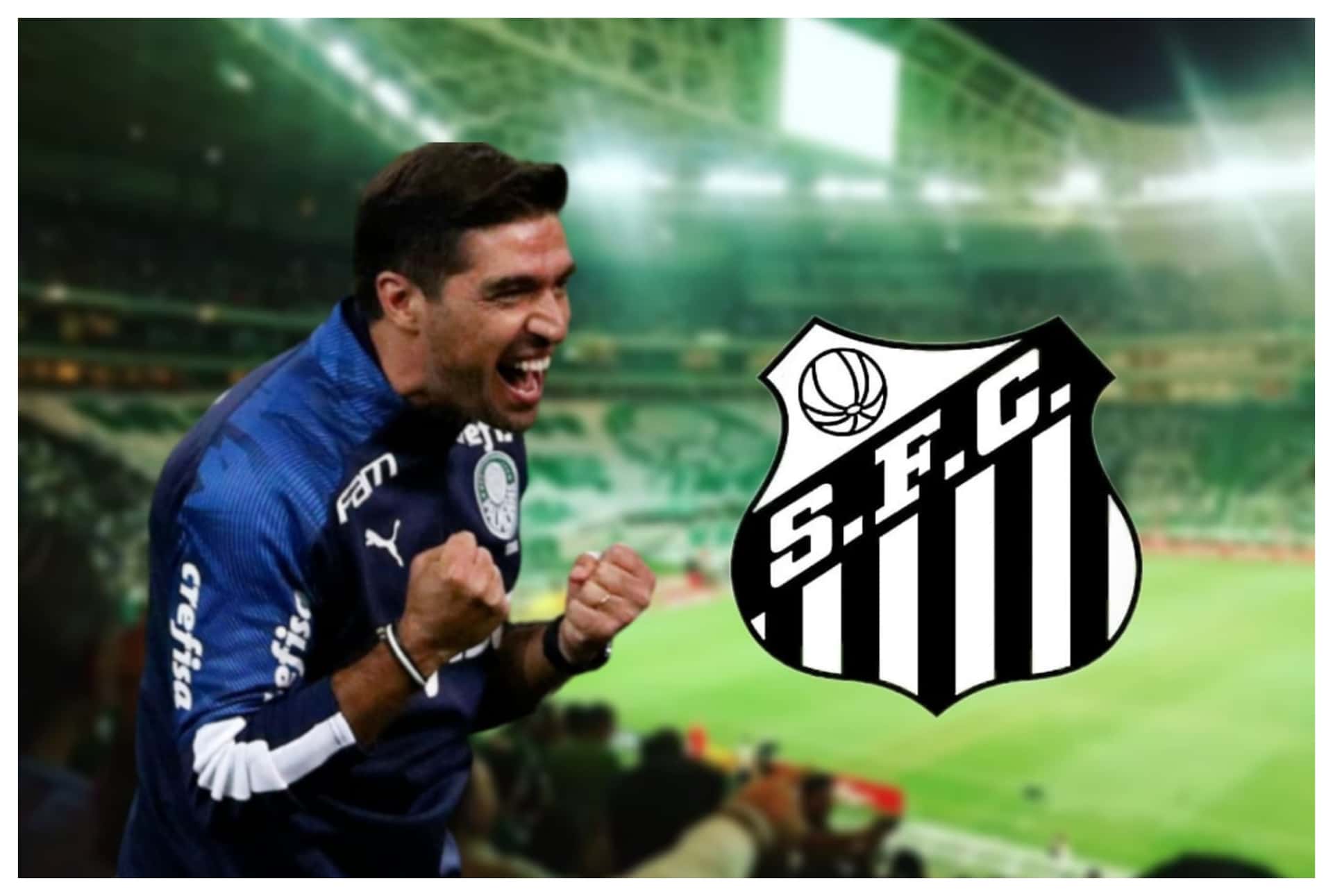 Abel Ferreira com a camisa do Palmeiras e escudo do Santos