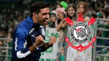 Abel Ferreira com a camisa do Palmeiras e o escudo do Corinthians