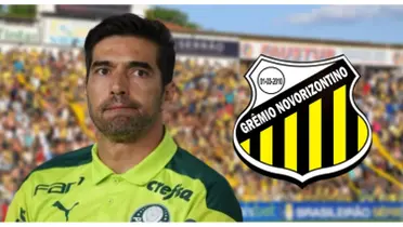 Abel Ferreira com a camisa do Palmeiras e o escudo do Novorizontino