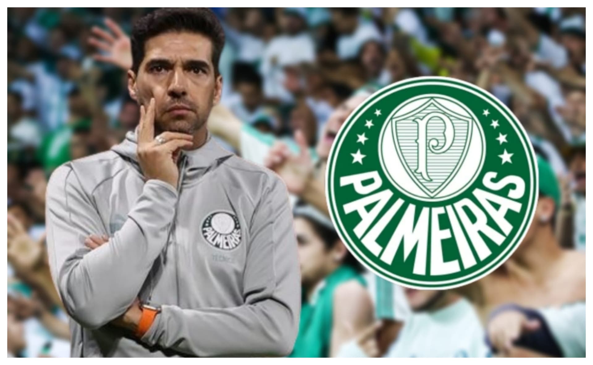Abel Ferreira com a camisa do Palmeiras e o escudo do Palmeiras