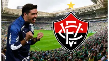 Abel Ferreira com a camisa do Palmeiras e o escudo do Vitória