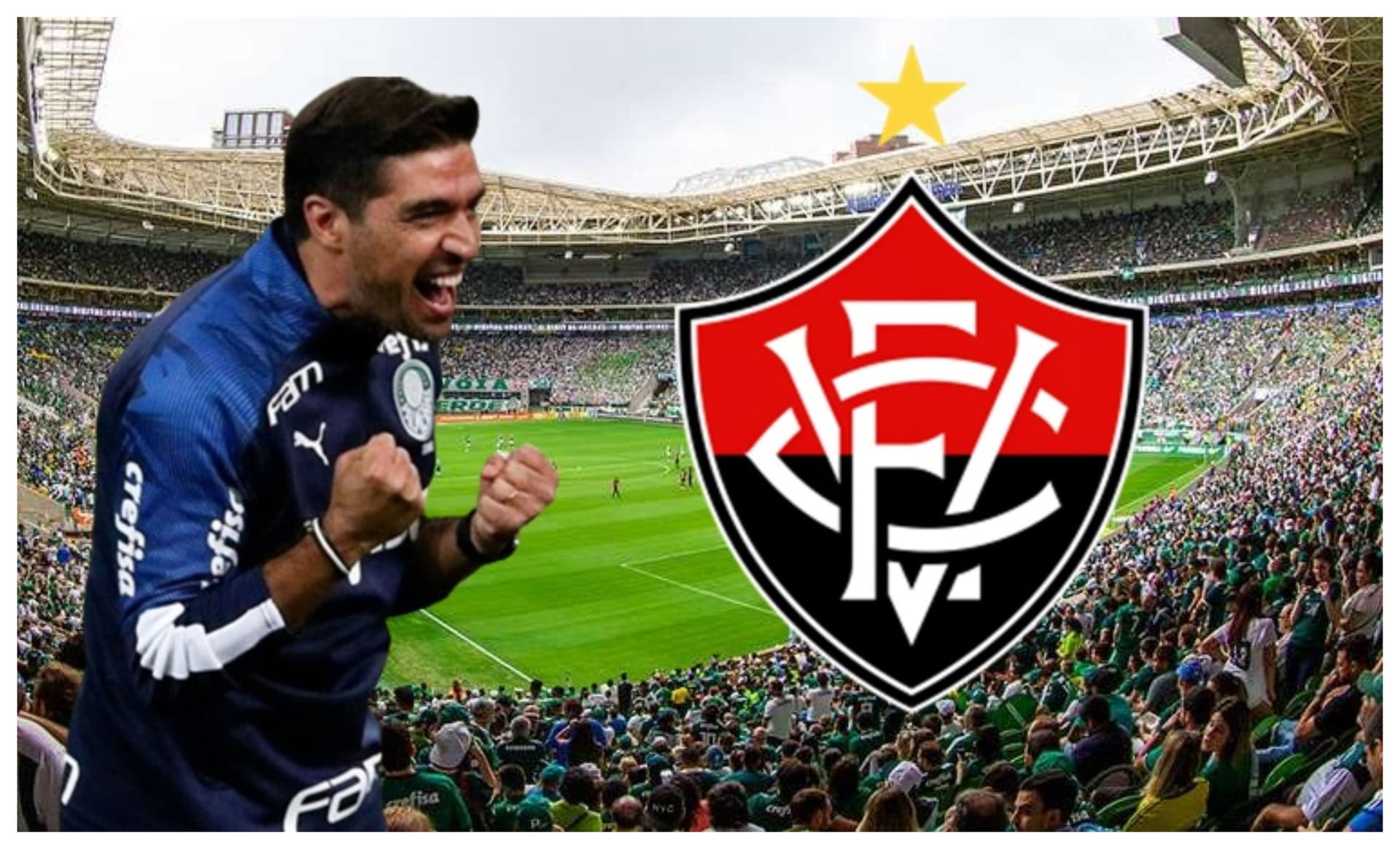 Abel Ferreira com a camisa do Palmeiras e o escudo do Vitória