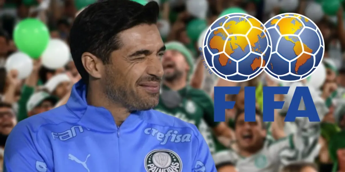 Abel Ferreira com a camisa do Palmeiras e o logotipo da FIFA