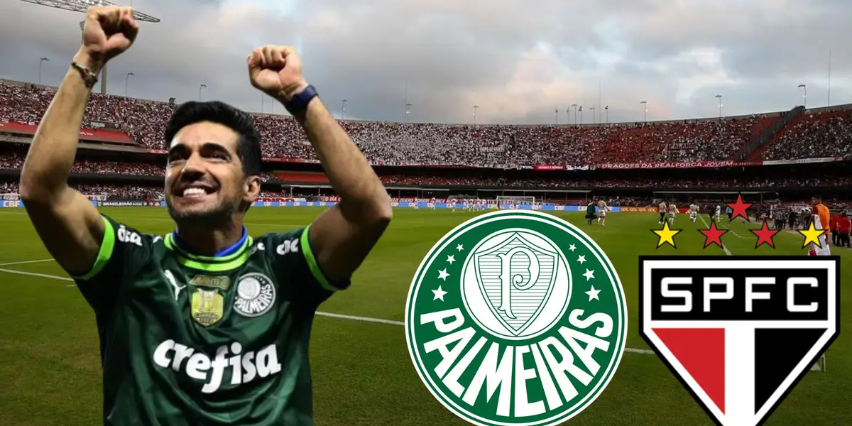 Abel Ferreira com escudos de Palmeiras e São Paulo e Morumbis ao fundo