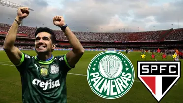 Abel Ferreira com escudos de Palmeiras e São Paulo e Morumbis ao fundo