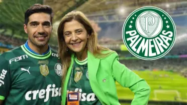 Abel Ferreira e Leila Pereira felizes e do lado o escudo do Palmeiras