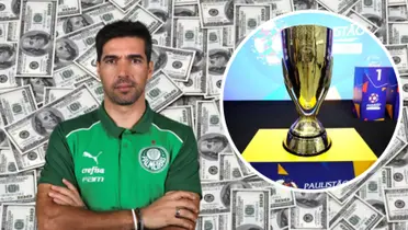 Abel Ferreira pelo Palmeiras ao lado da taça do Paulistão 2024