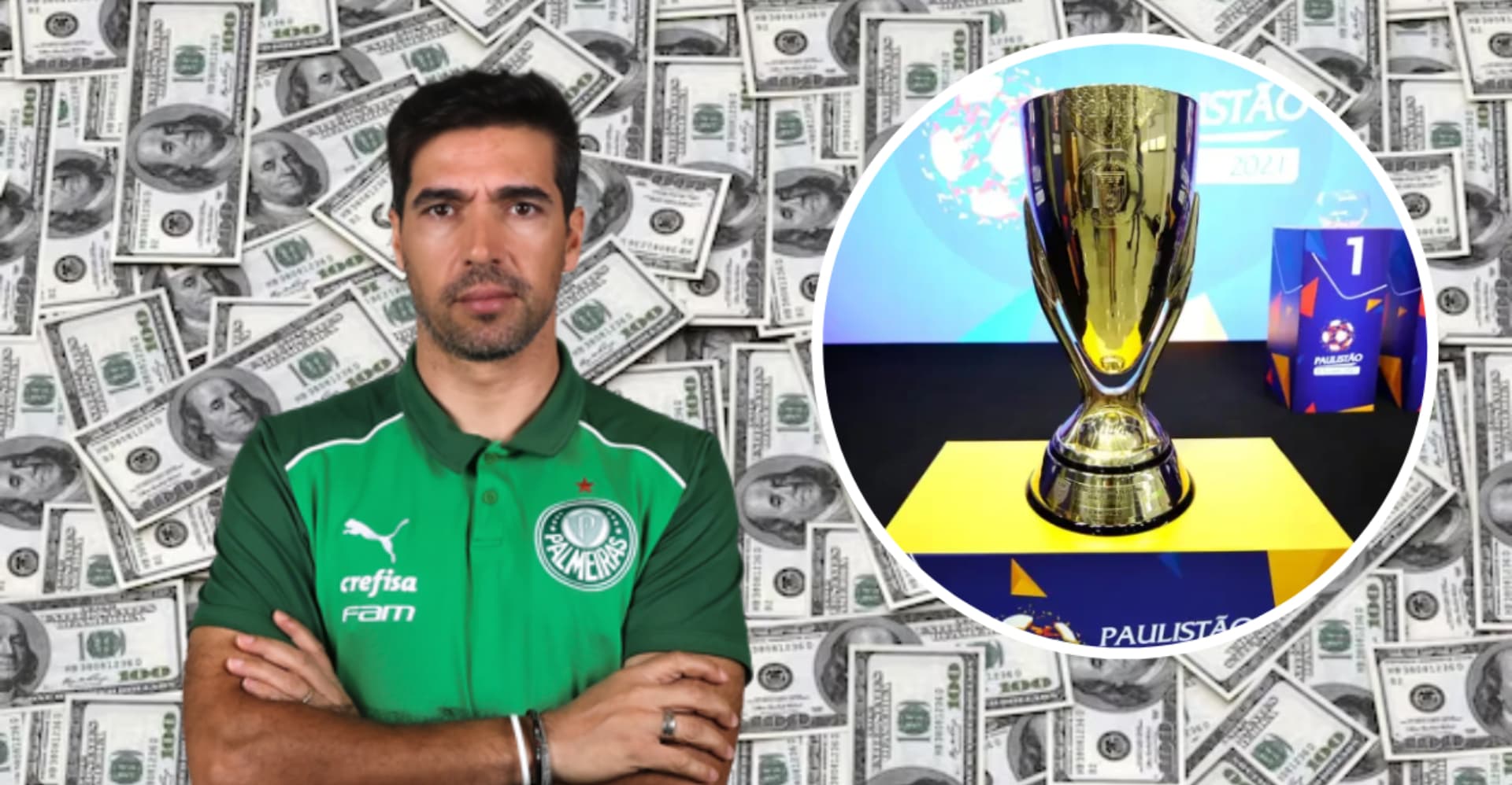 Abel Ferreira pelo Palmeiras ao lado da taça do Paulistão 2024