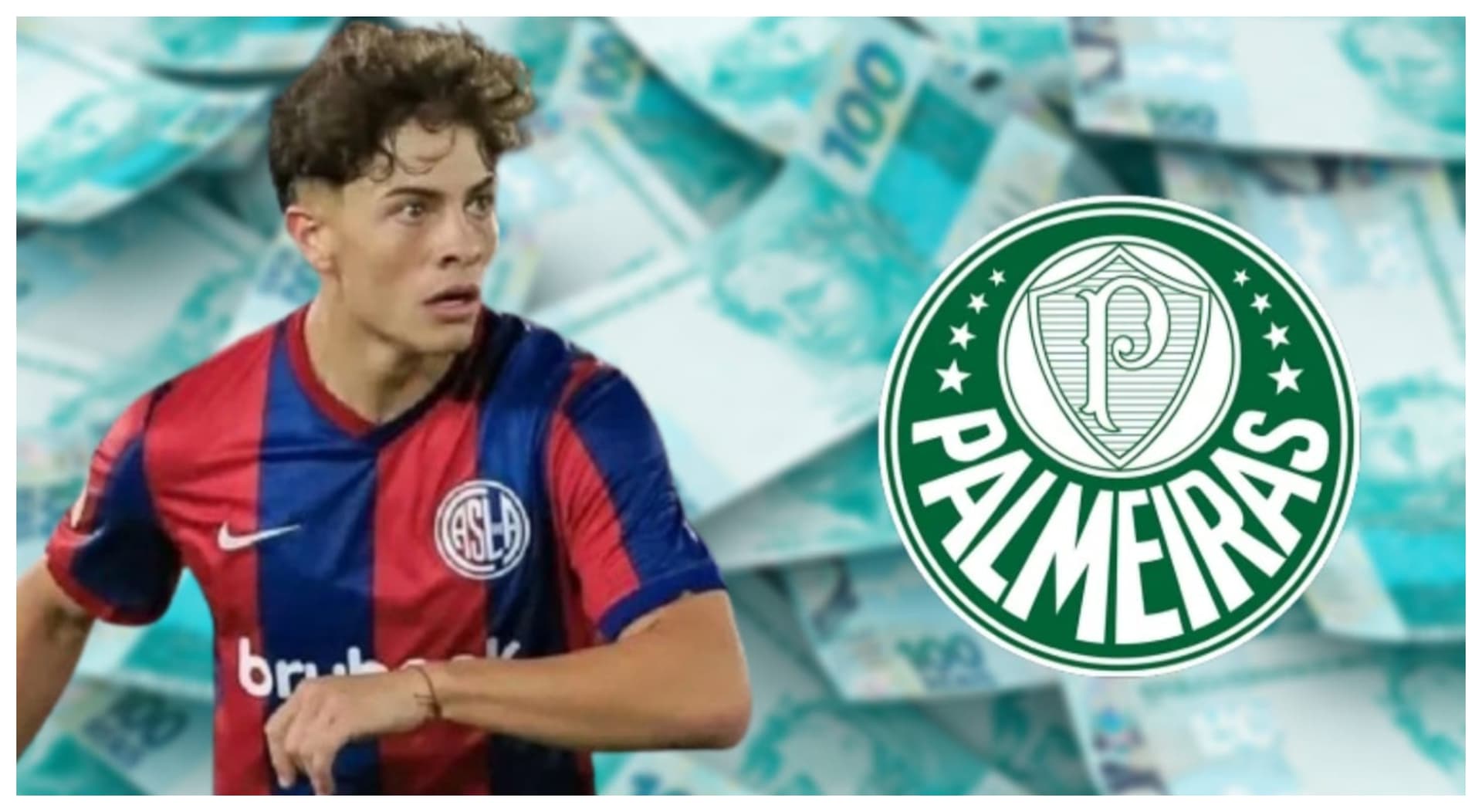 Agustín Giay com a camisa do San Lorenzo e do lado o escudo do Palmeiras
