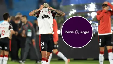 Andreas Pereira com a camisa do Flamengo e o logotipo da Premier League