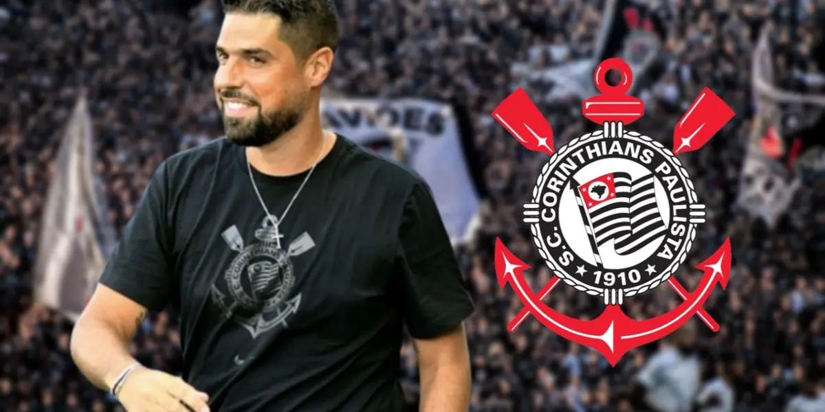 António Oliveira com a camisa do Corinthians e escudo do Corinthians