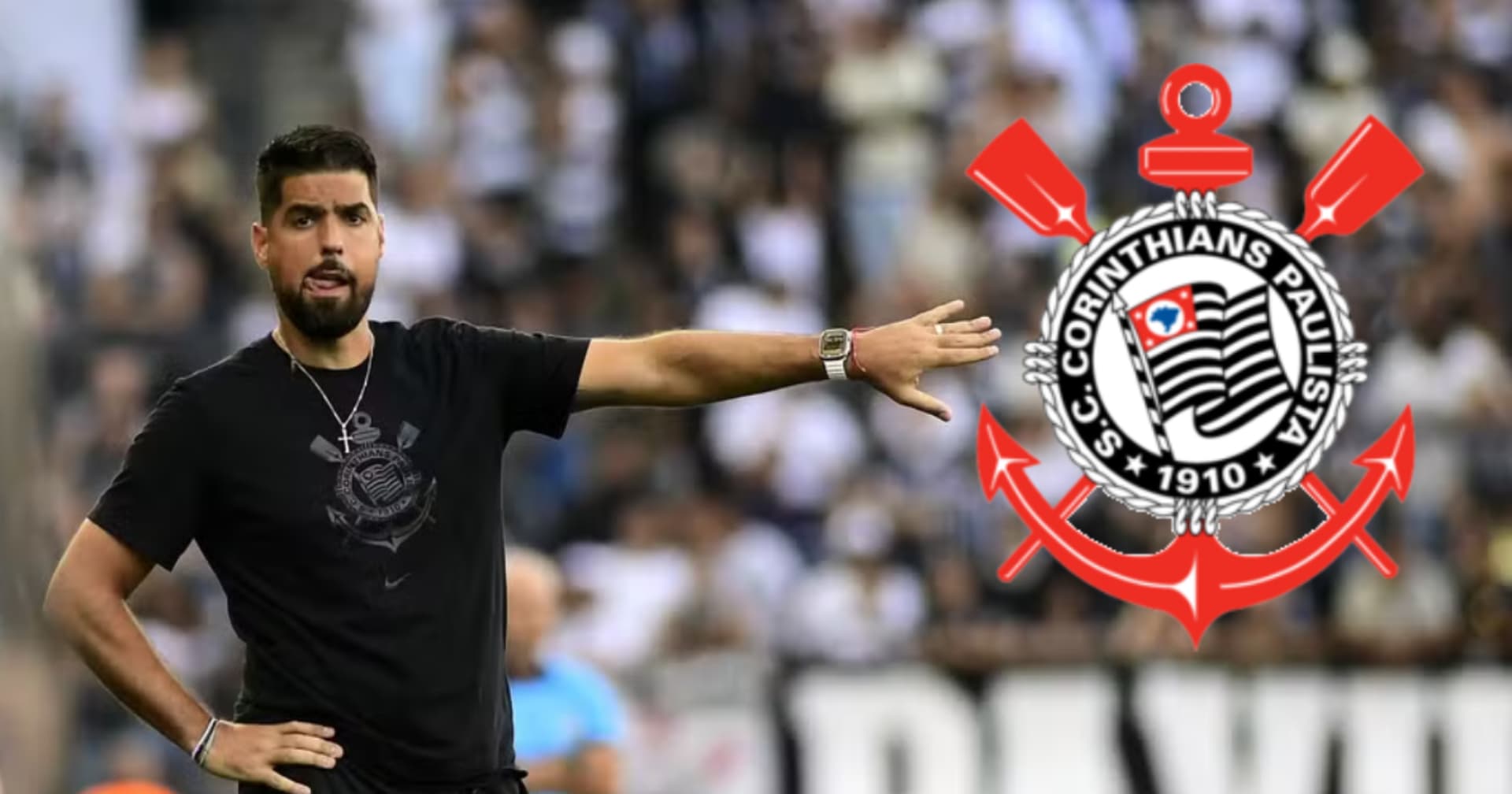 António Oliveira com a camisa do Corinthians e o escudo do Corinthians