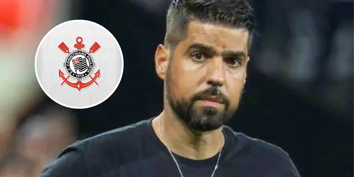 António Oliveira e o escudo do Corinthians ao lado